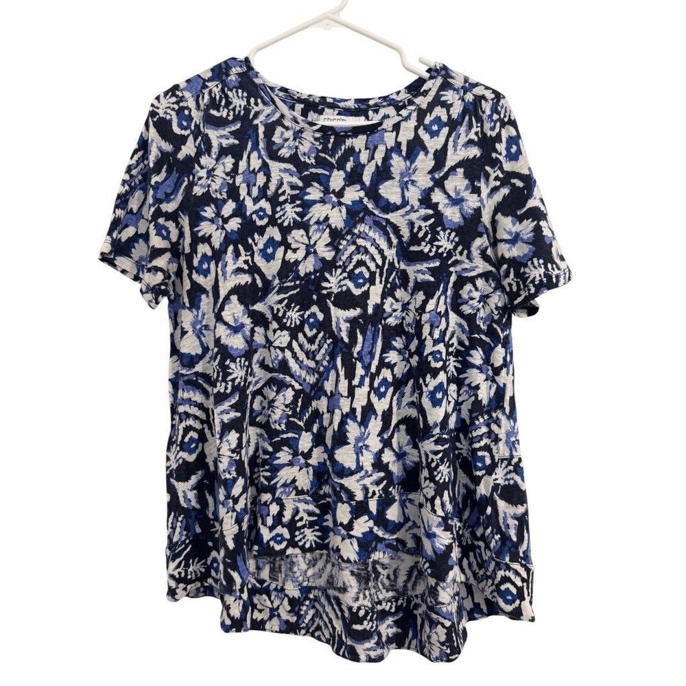 Chico’s Linen Top Women’s Size 1 US M Blue Floral Short Sleeve High Low Tunic